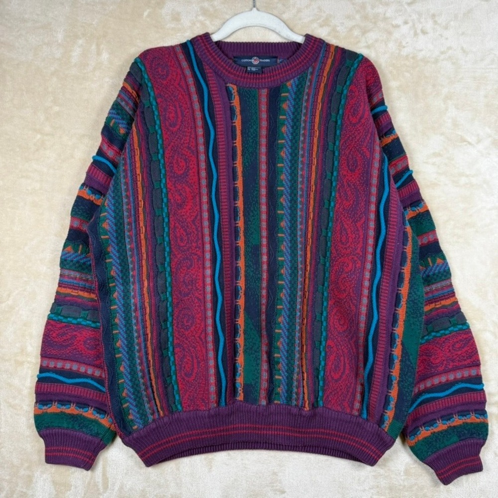 Cotton Traders Vintage 3D Knit Sweater Mens Large Multi Color Coogi Style Retro